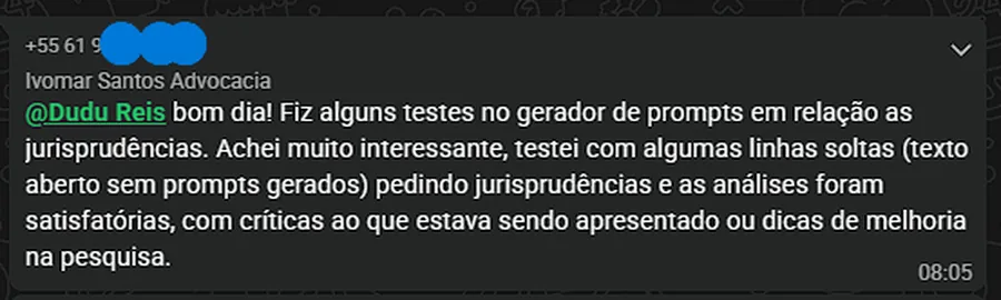 Print de conversa sobre o uso dos prompts de jurisprudência