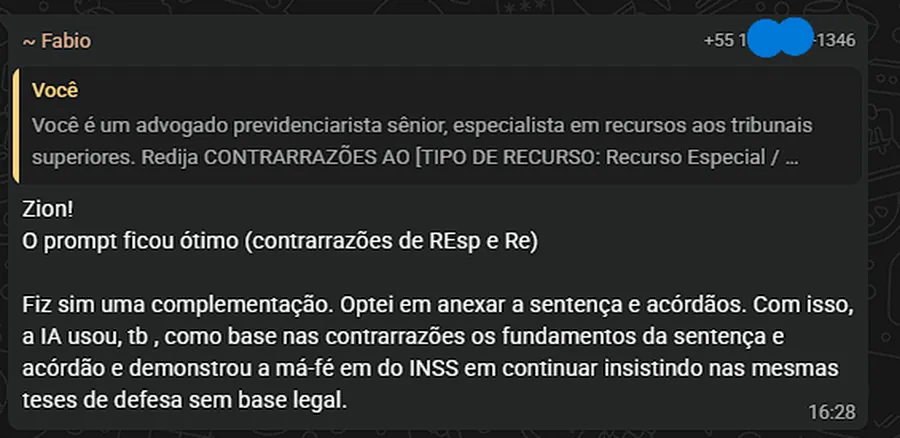 Print de conversa elogiando o prompt de contrarrazões a REsp e RE